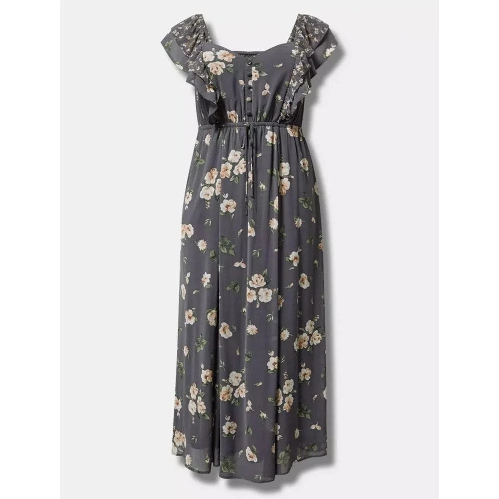 Torrid Gray Floral Chiffon Maxi Dress Ruffled Flutter Sleeve - Picture 1 of 12